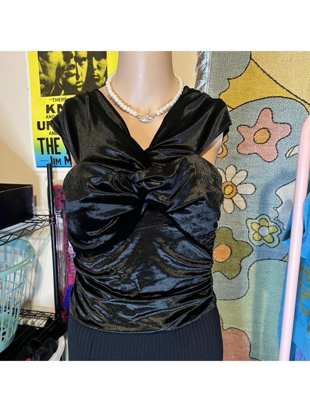 Nordstroms Wayf Black Velvet Ruched Top